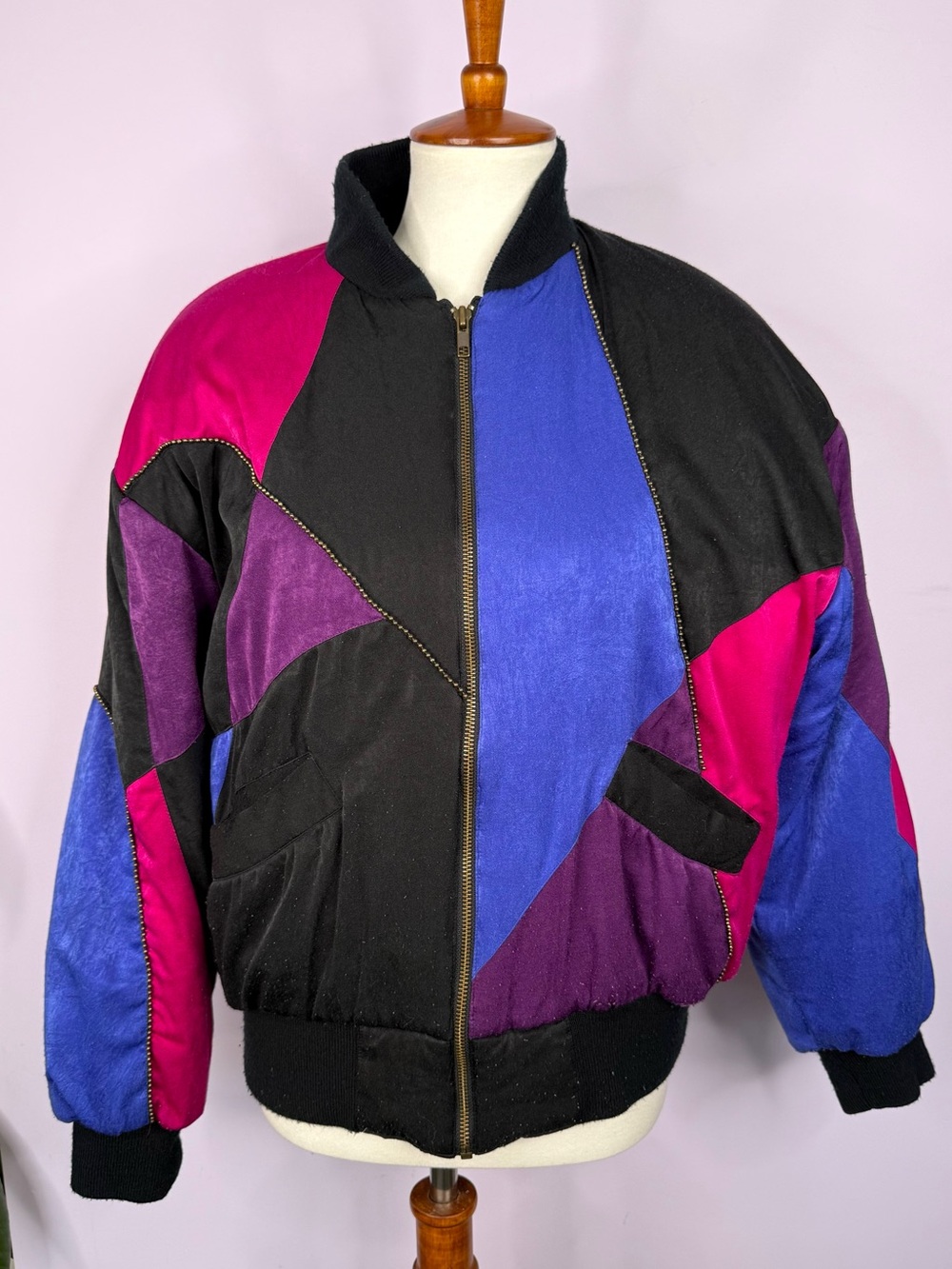 Mulberry Street Vintage Blue, Purple, Pink, & Black Color Block Velvety Bomber